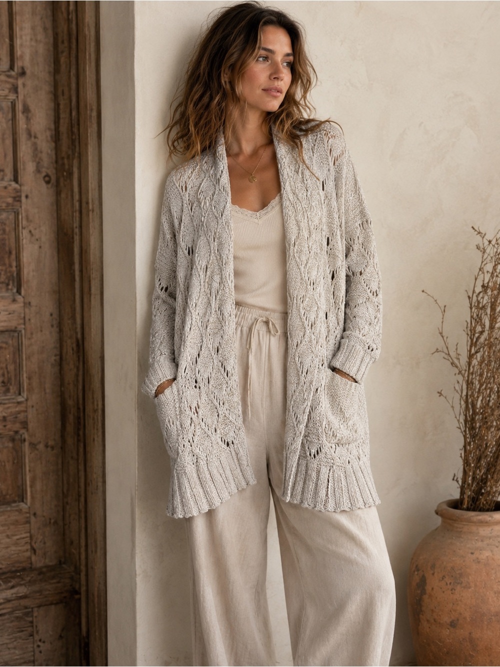 Open-Front Crochet Knit Cardigan Sweater in Light Beige-Large